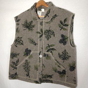 Invisible Ink Large Vest Wool Blend Knit Gray Leaves Tree Nature Button Up USA